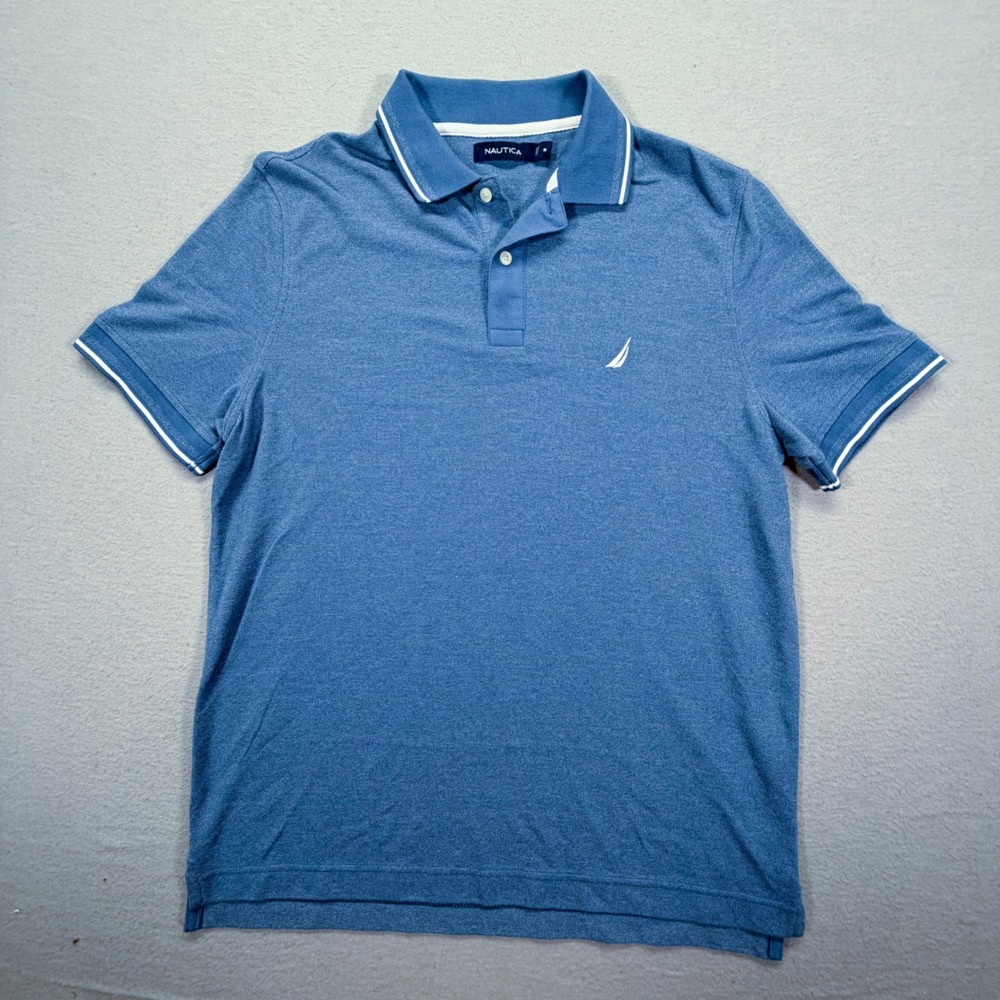Nautica Polo Shirt Mens Medium Excellent Blue Short Sleeve Tipped Collar Logo